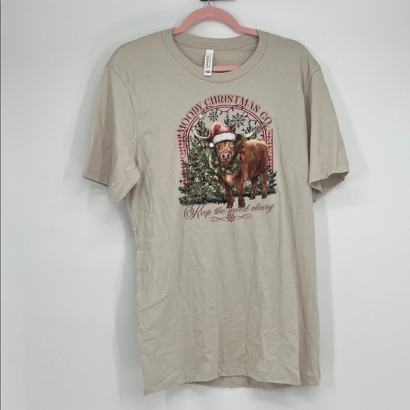Bella Canvas Tops - Moody Christmas Co. “Keep the Mood Cheery” Highland Cow T-Shirt Sz L Holiday Tee